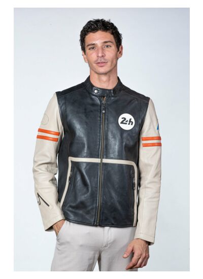 Blouson cuir 24H le mans Karl noir.écru