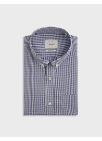 Chemise col américain avec poche poitrine en popeline à carreaux bleu