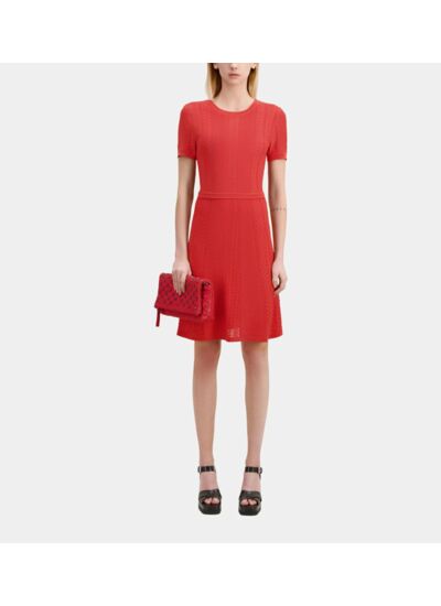 Robe Courte Rouge En Maille Ajourée Femme