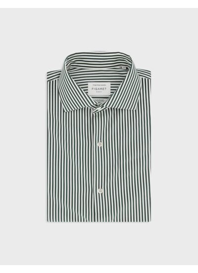 Chemise col italien en popeline rayée vert