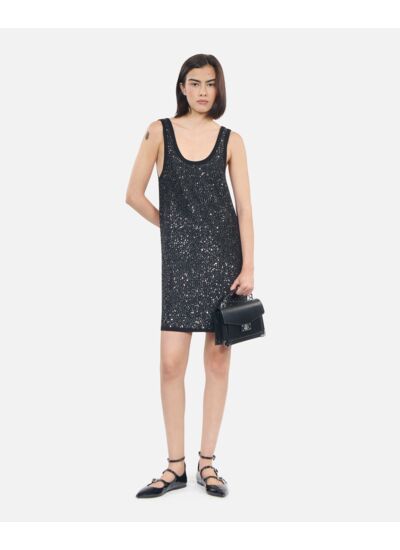 Robe Courte À Sequins En Maille Noire Femme