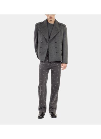 Caban Court En Laine Mélangée Chevron Noire Homme