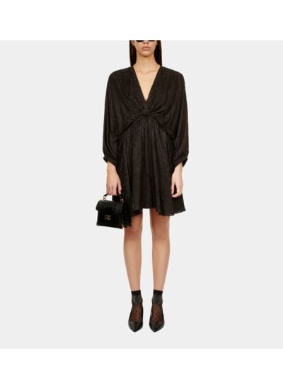 Robe Courte Noire Python Jacquard Avec Drapé Femme
