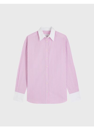 Chemise ambre en popeline rayée avec col et poignets en opposition rose