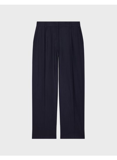 Pantalon droit grazia taille haute en twill de laine rayée marine