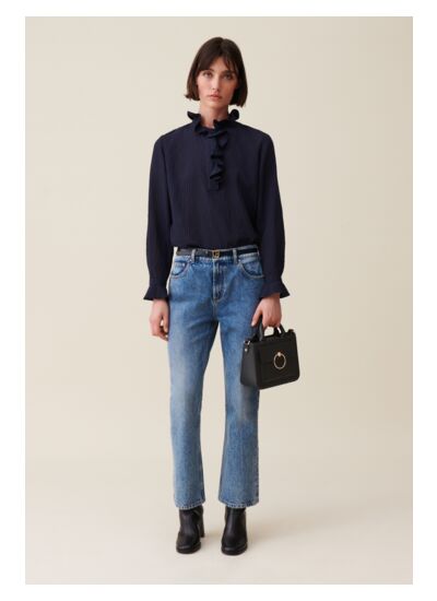 Blouse rayée volants bleu foncé