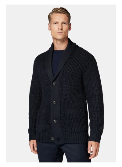 Cardigan Col Châle Bleu Marine En Laine Mérinos