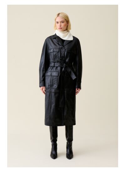 Trench-coat cuir col tailleur