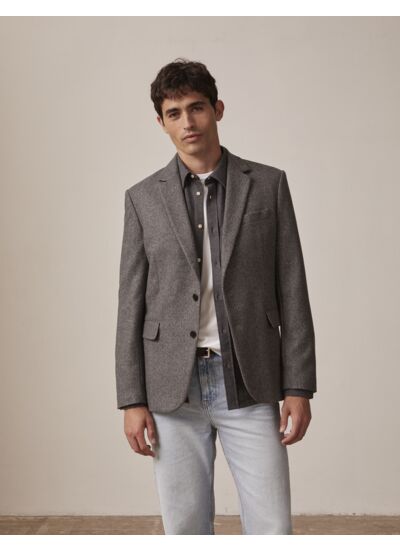 Veste blazer gabin en toile de laine mélangée à motifs chevron gris fonce