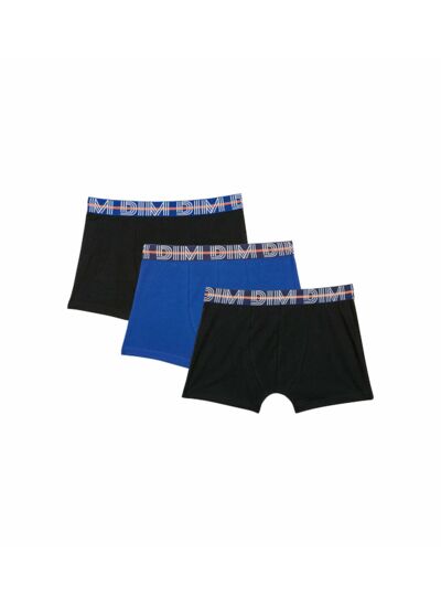 Lot de 3 boxers garçon coton stretch ceinture contrastée Bleu EcoDim