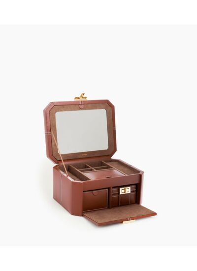 Grande boite à bijoux fermoir T en cuir