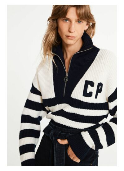 Pull bicolore rayé col montant zippé