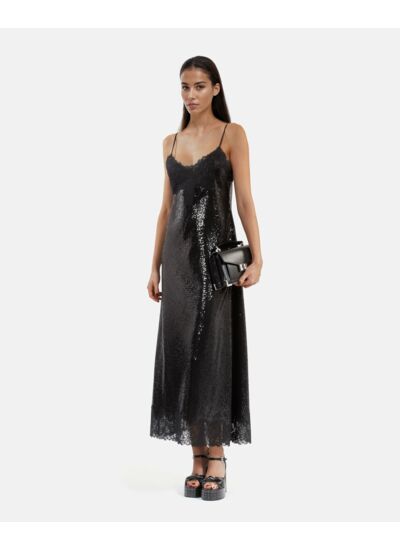 Robe Nuisette Longue À Sequins Noire Femme