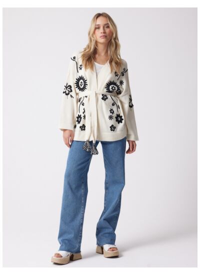 Cardigan cachemire Pima ECRU_NOIR