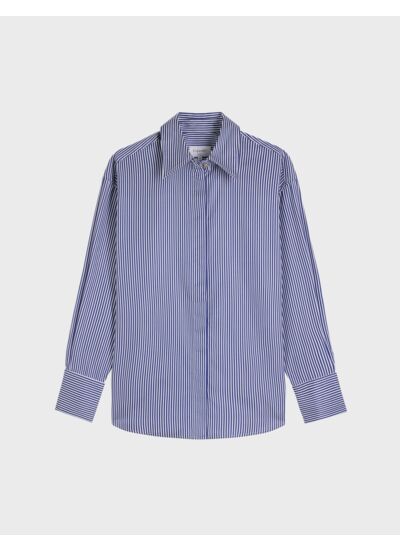 Chemise hillie avec gorge cachée et poignets mousquetaires en popeline rayée marine