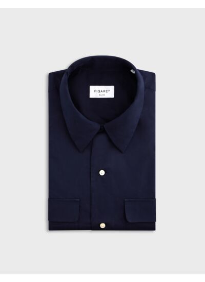 Chemise ivano col cubain avec poches à rabat en popeline unie marine