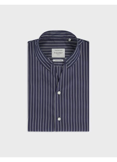Chemise carl voyage col droit ouvert en popeline rayée marine