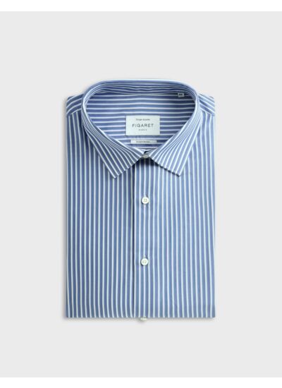 Chemise col figaret en popeline rayée bleu
