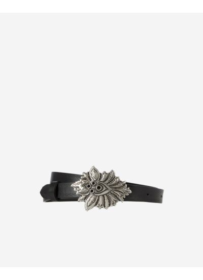 Ceinture Fine En Cuir Noir Avec Boucle Fleur