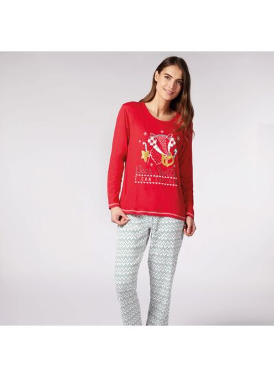 Pyjama femme NOËL EN FAMILLE rouge/écru imprimé