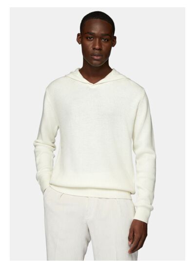 Pull Blanc À Capuche Avec Encolure En V En Laine Mérinos