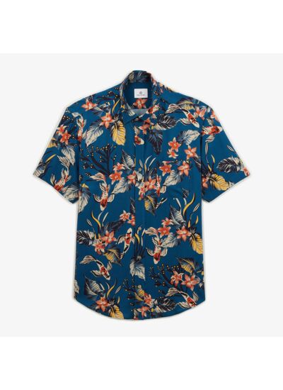 Chemise manches courtes regular bleu azur imprimé corail