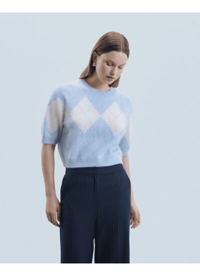Pull Col Rond en Cachemire Brossé à Motif Losange