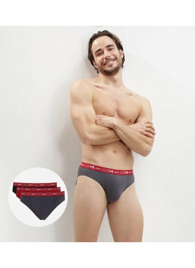 Lot de 3 slips gris, rouge chili et noir Coton Stretch