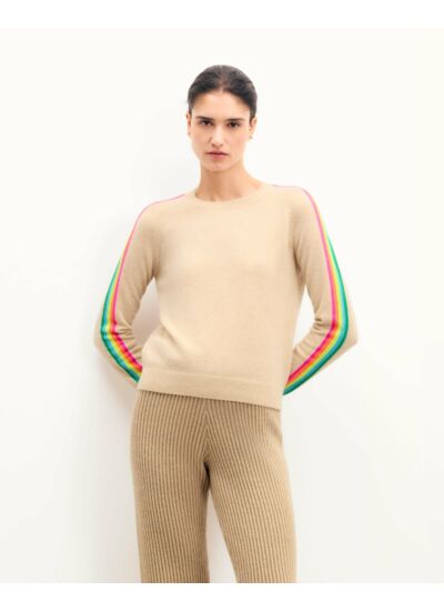 Pull Col Rond Bandes Multicolores aux Manches