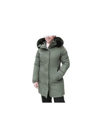Veste longue avec capuche et bordures en fourrure