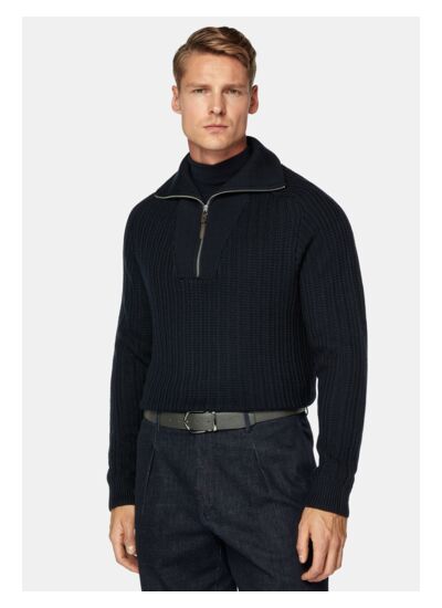 Pull Demi Zip Bleu Marine En Laine Mérinos