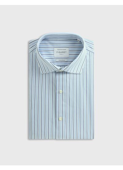 Chemise col italien en popeline rayée bleu