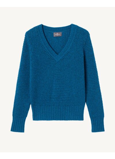 Pull col V mouliné - Femme - BLEU PAON/VERT ZURICH