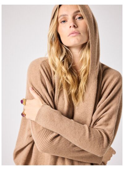Pull poncho capuche cachemire Alix CAMEL