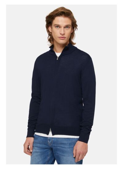 Pull Full Zip Bleu Marine En Laine Mérinos