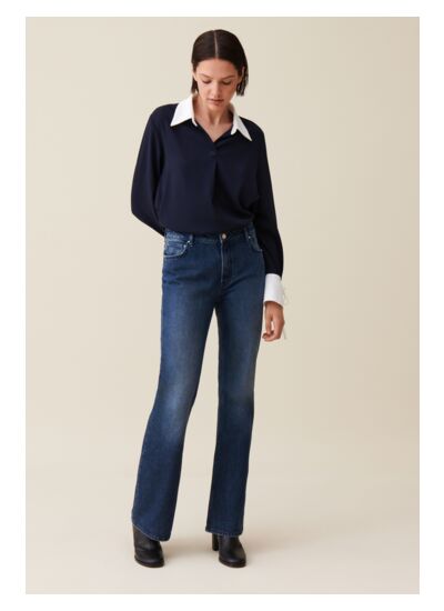 Blouse fluide marine col contrasté