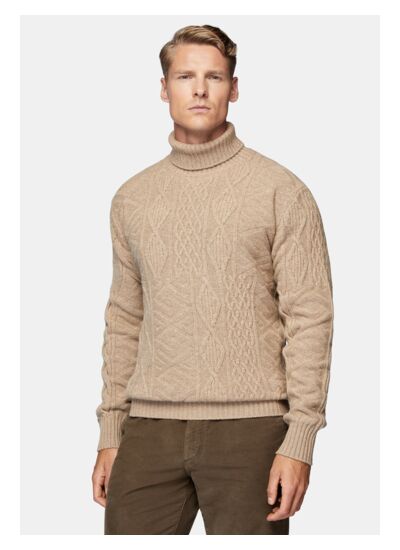 Pull Col Roulé Sable Mélange De Points En Laine Mérinos