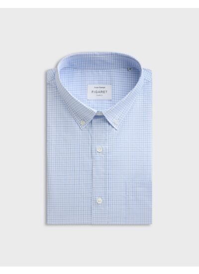 Chemise col américain avec poche poitrine en twill de coton à carreaux bleu