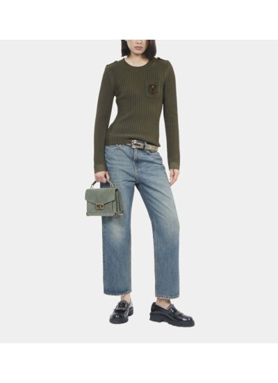 Pull En Maille Côtelée Kaki Femme