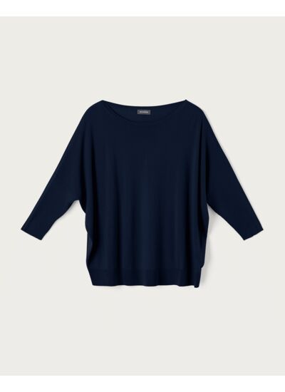 Col bateau oversize ultrafin manches 3/4 à côtes - Femme - MARINE