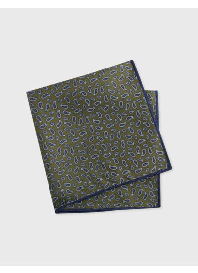 Pochette en twill de soie à motifs paisley kaki