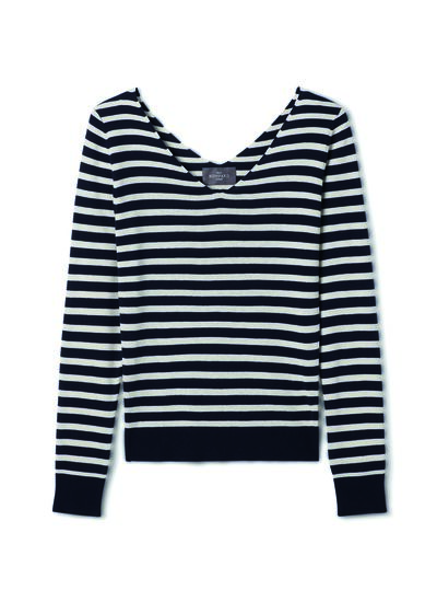 Marinière ultrafin col V - Femme - MARINE/NATUREL
