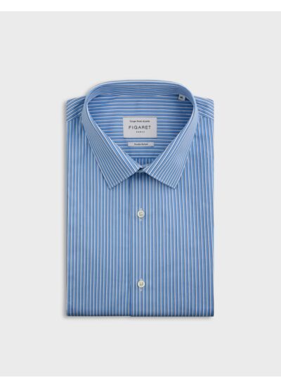 Chemise col figaret en popeline rayée bleu