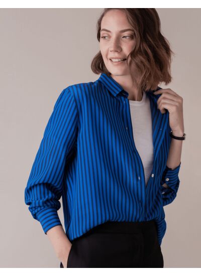 Chemise Marion en crêpe de soie rayée bleue