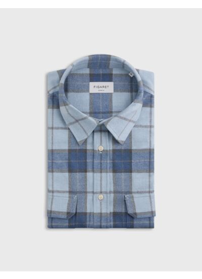 Chemise florian col français avec deux poches en flanelle de coton à carreaux bleu