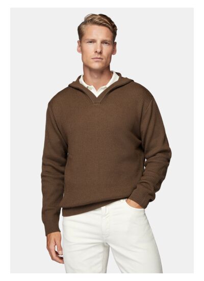 Pull Noisette À Capuche Avec Encolure En V En Laine Mérinos