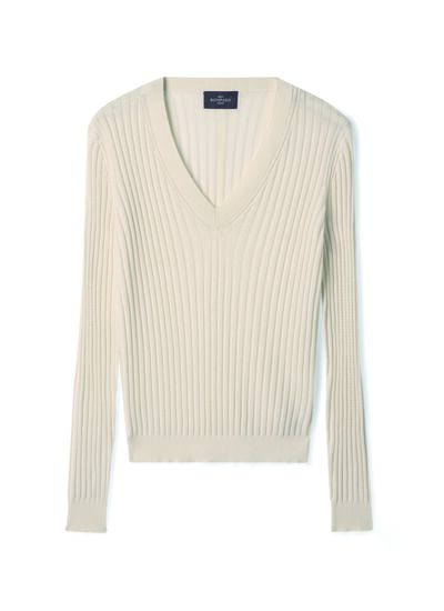 Pull V ultrafin en soie et coton - Femme - NATUREL
