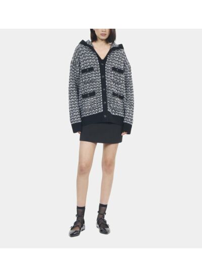 Cardigan À Capuche En Tweed Noir Et Blanc Femme