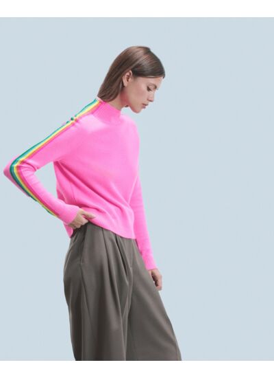 Pull Col Montant Bandes Manches Multicolores Léger