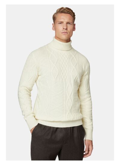 Pull Col Roulé Blanc Mélange De Points En Laine Mérinos